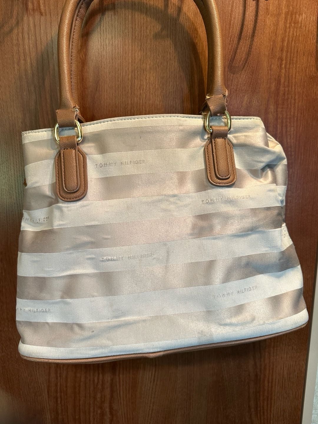 Tommy Hilfiger Beige and Brown Striped Fabric Tote Bag with Gold Tone Hardware 4