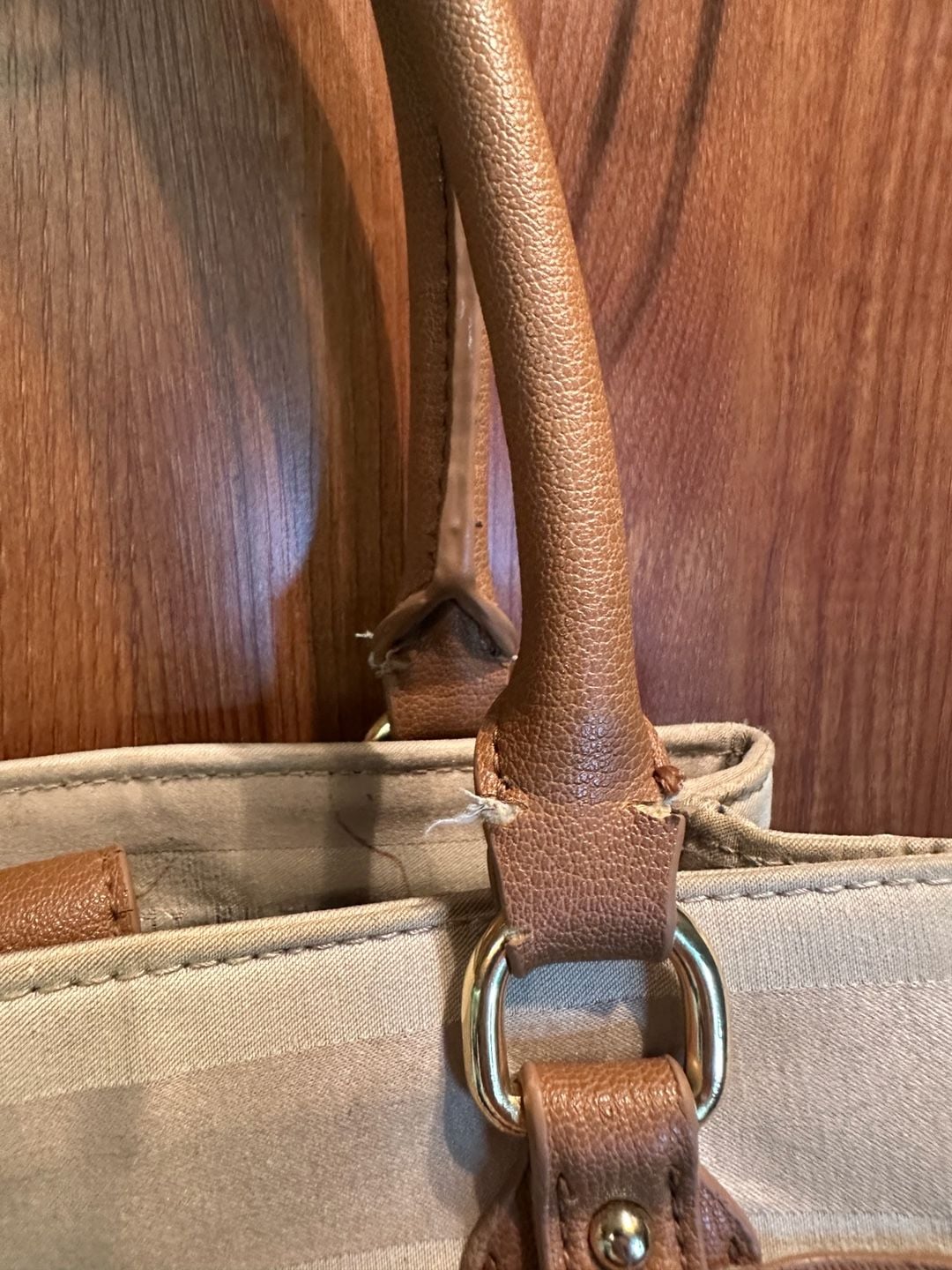 Tommy Hilfiger Beige and Brown Striped Fabric Tote Bag with Gold Tone Hardware 6