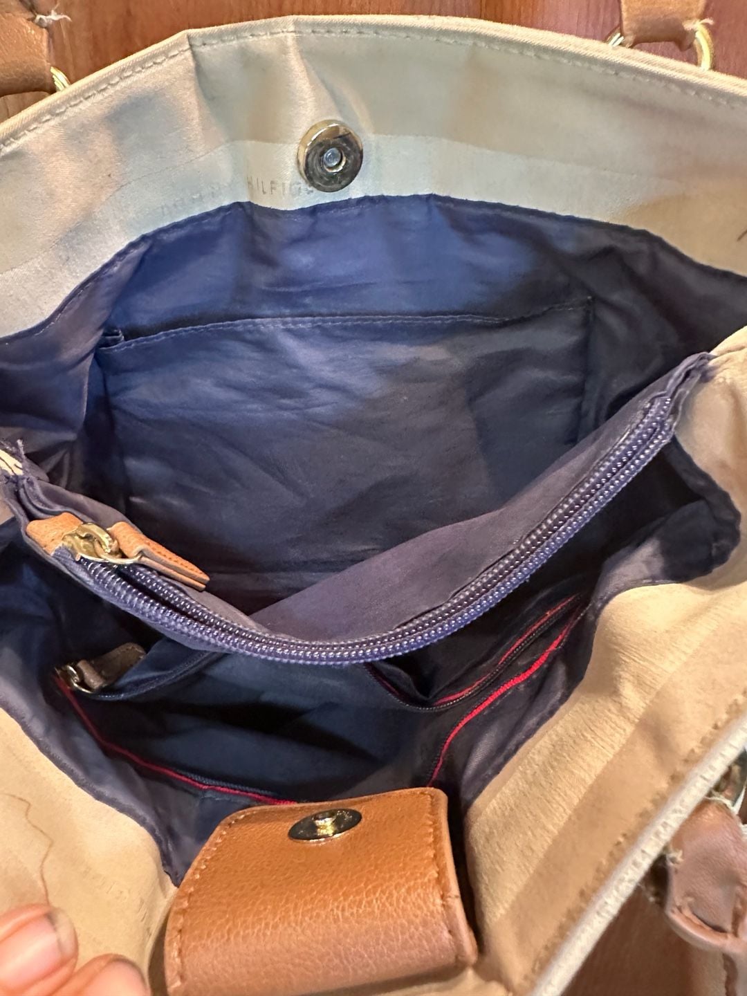 Tommy Hilfiger Beige and Brown Striped Fabric Tote Bag with Gold Tone Hardware 9