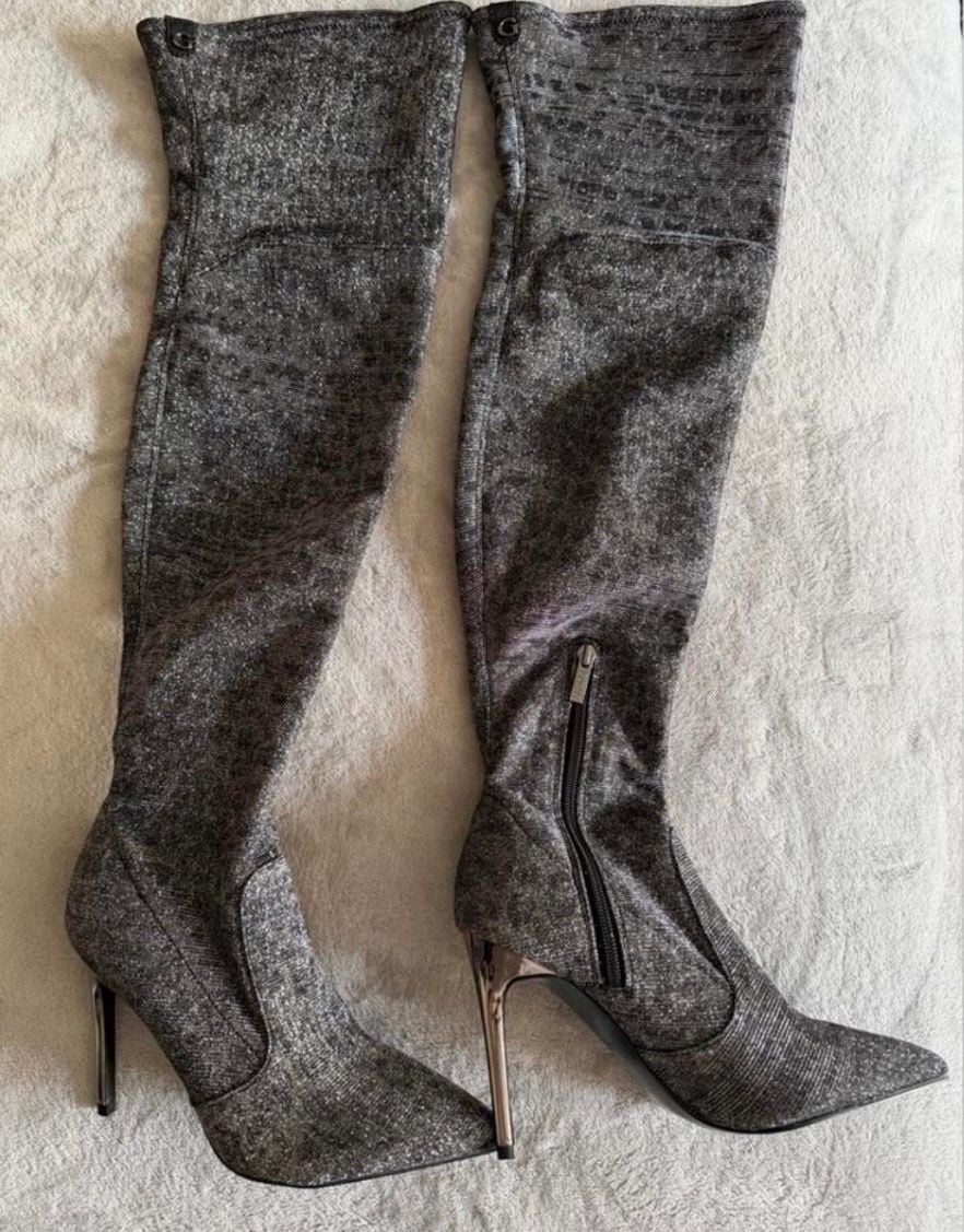 GUESS Bonis Metallic Over-the-Knee Stiletto Boots in Dark Gray 1