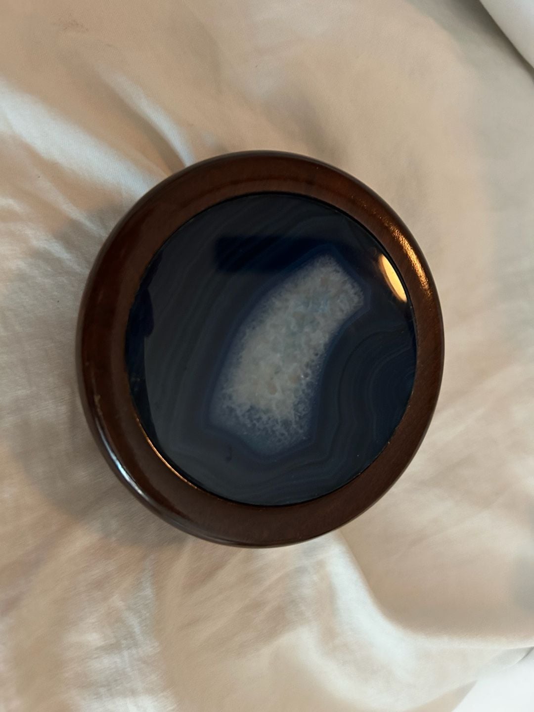 Vintage Hand-Carved Round Hardwood Trinket Box with Blue Polished Agate Inlay Lid Made in Brazil 1
