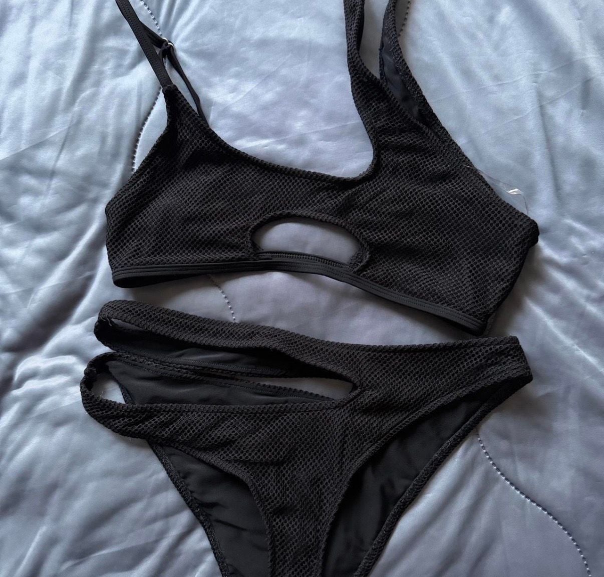 Fashion Nova Black Mesh Cut-Out Two-Piece Bikini Set 1