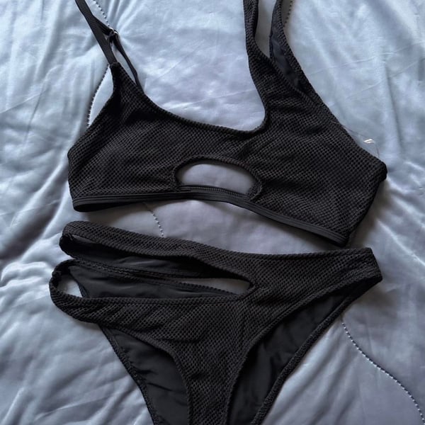 Fashion Nova Black Mesh Cut-Out Two-Piece Bikini Set