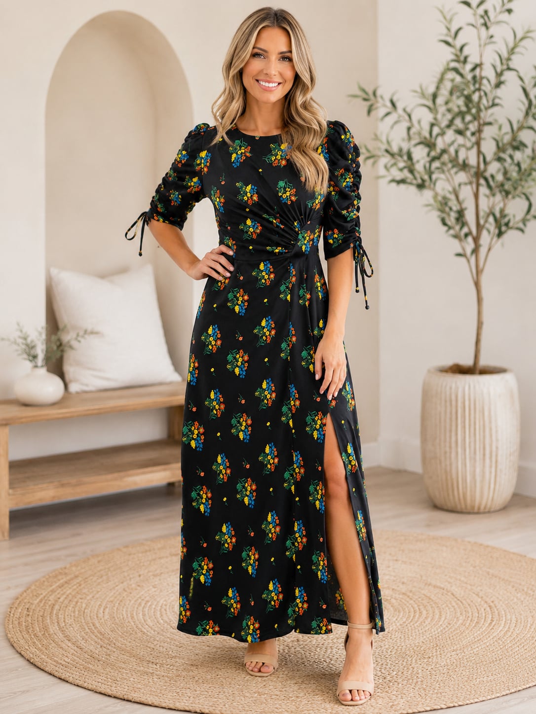 ASOS Black Floral Print Maxi Dress Ruched Tie Sleeves Front Slit Size US 4 2