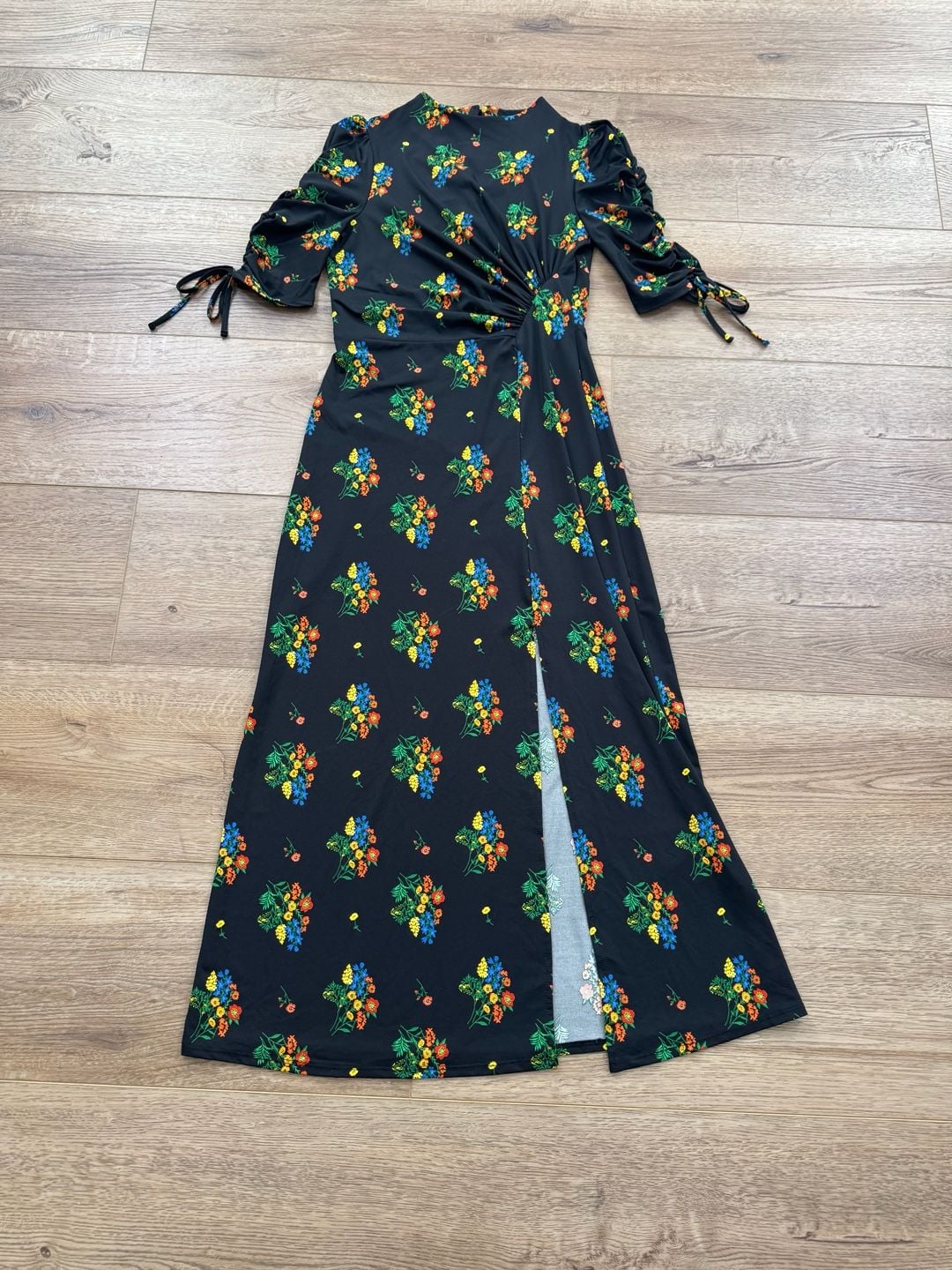 ASOS Black Floral Print Maxi Dress Ruched Tie Sleeves Front Slit Size US 4 3