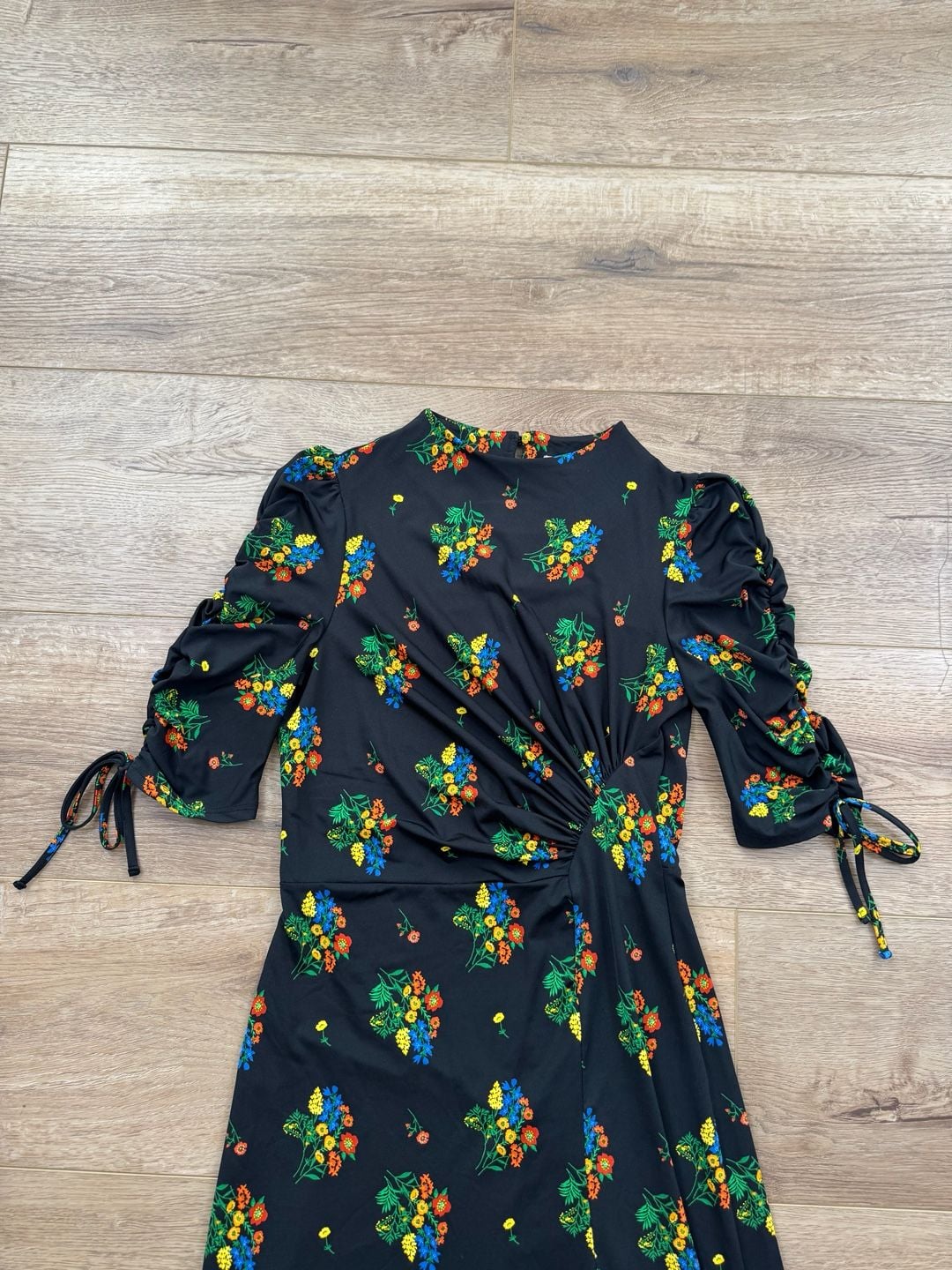 ASOS Black Floral Print Maxi Dress Ruched Tie Sleeves Front Slit Size US 4 5
