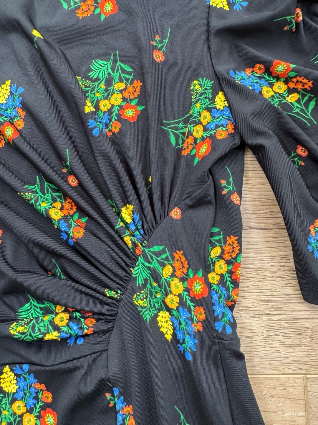 ASOS Black Floral Print Maxi Dress Ruched Tie Sleeves Front Slit Size US 4 6