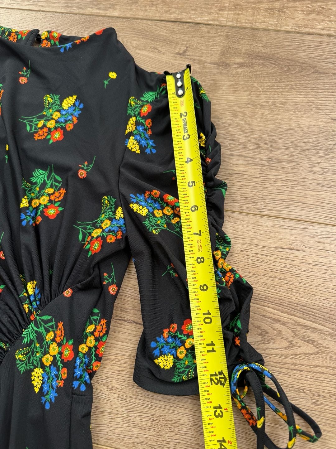 ASOS Black Floral Print Maxi Dress Ruched Tie Sleeves Front Slit Size US 4 10