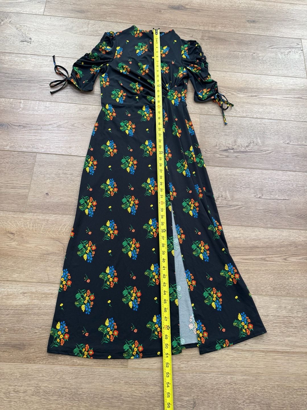 ASOS Black Floral Print Maxi Dress Ruched Tie Sleeves Front Slit Size US 4 11