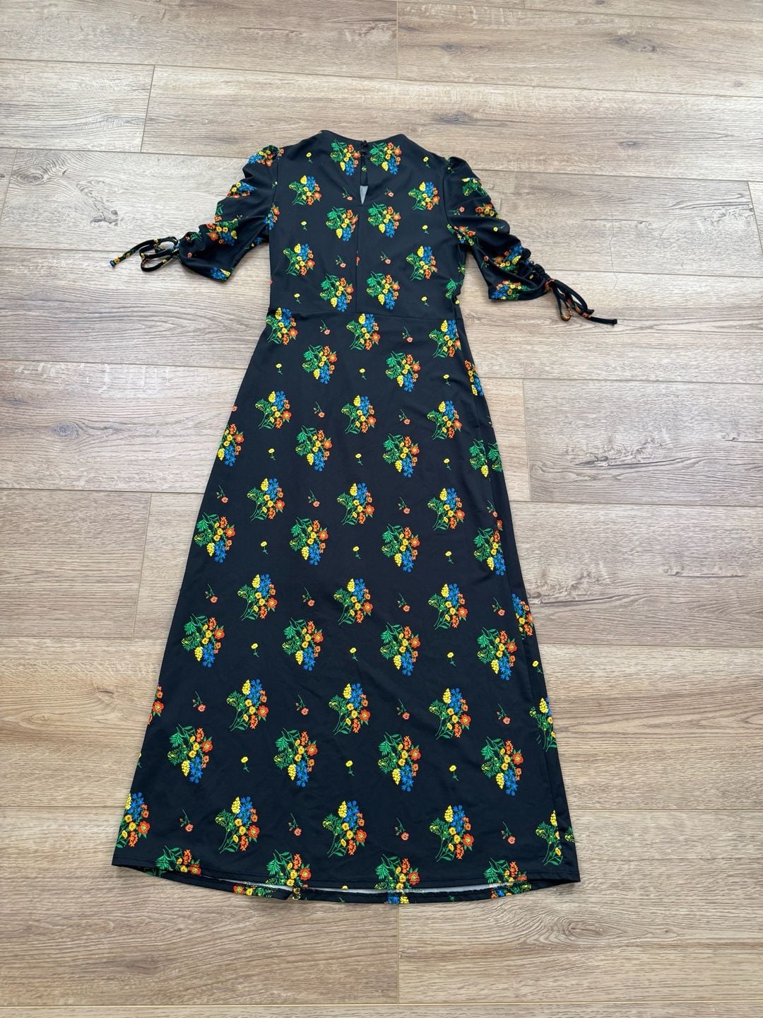 ASOS Black Floral Print Maxi Dress Ruched Tie Sleeves Front Slit Size US 4 14