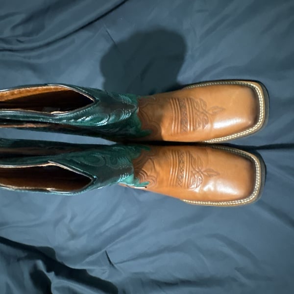 Rio Grande Men's Square Toe Western Cowboy Boots Brown and Teal Leather