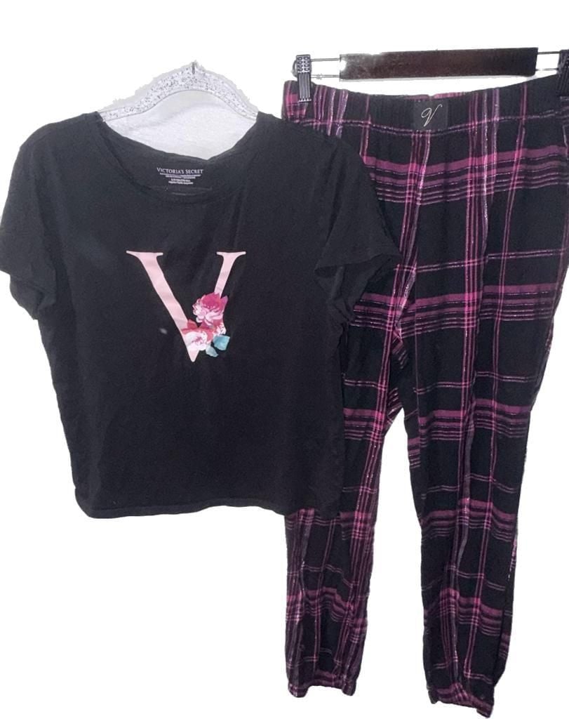 Victoria's Secret Floral 'V' Graphic T-Shirt and Plaid Jogger Pajama Set 1