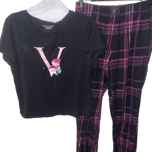 Victoria's Secret Floral 'V' Graphic T-Shirt and Plaid Jogger Pajama Set