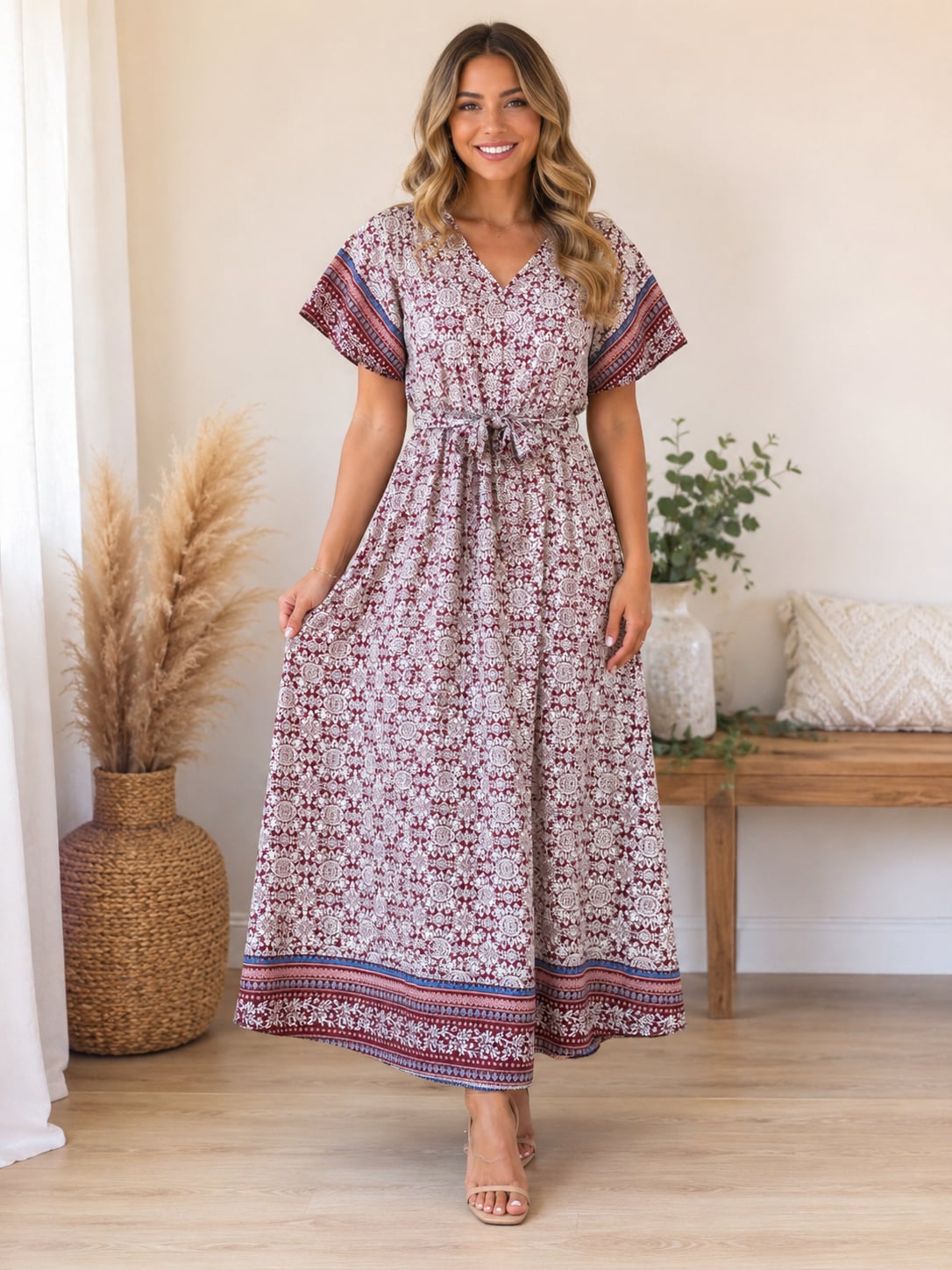 Flamingo Women’s Boho Wrap Maxi Dress Burgundy Floral V-Neck Tie Waist S 2