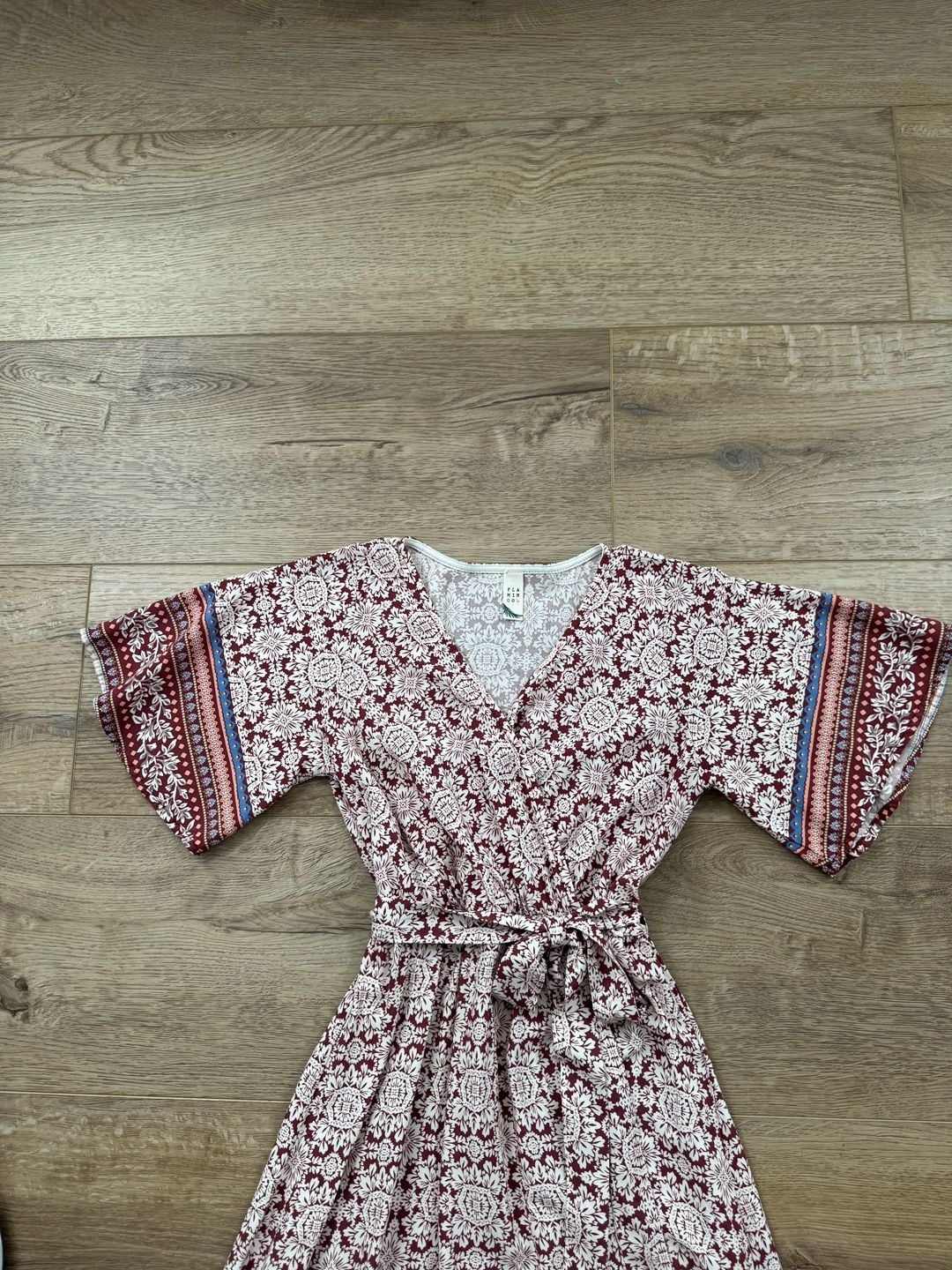 Flamingo Women’s Boho Wrap Maxi Dress Burgundy Floral V-Neck Tie Waist S 5