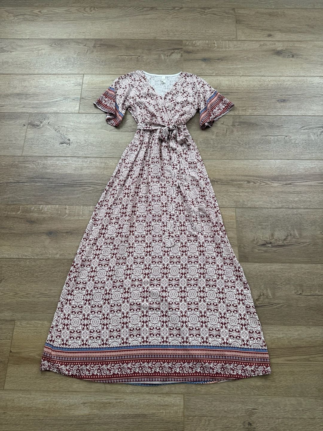 Flamingo Women’s Boho Wrap Maxi Dress Burgundy Floral V-Neck Tie Waist S 6