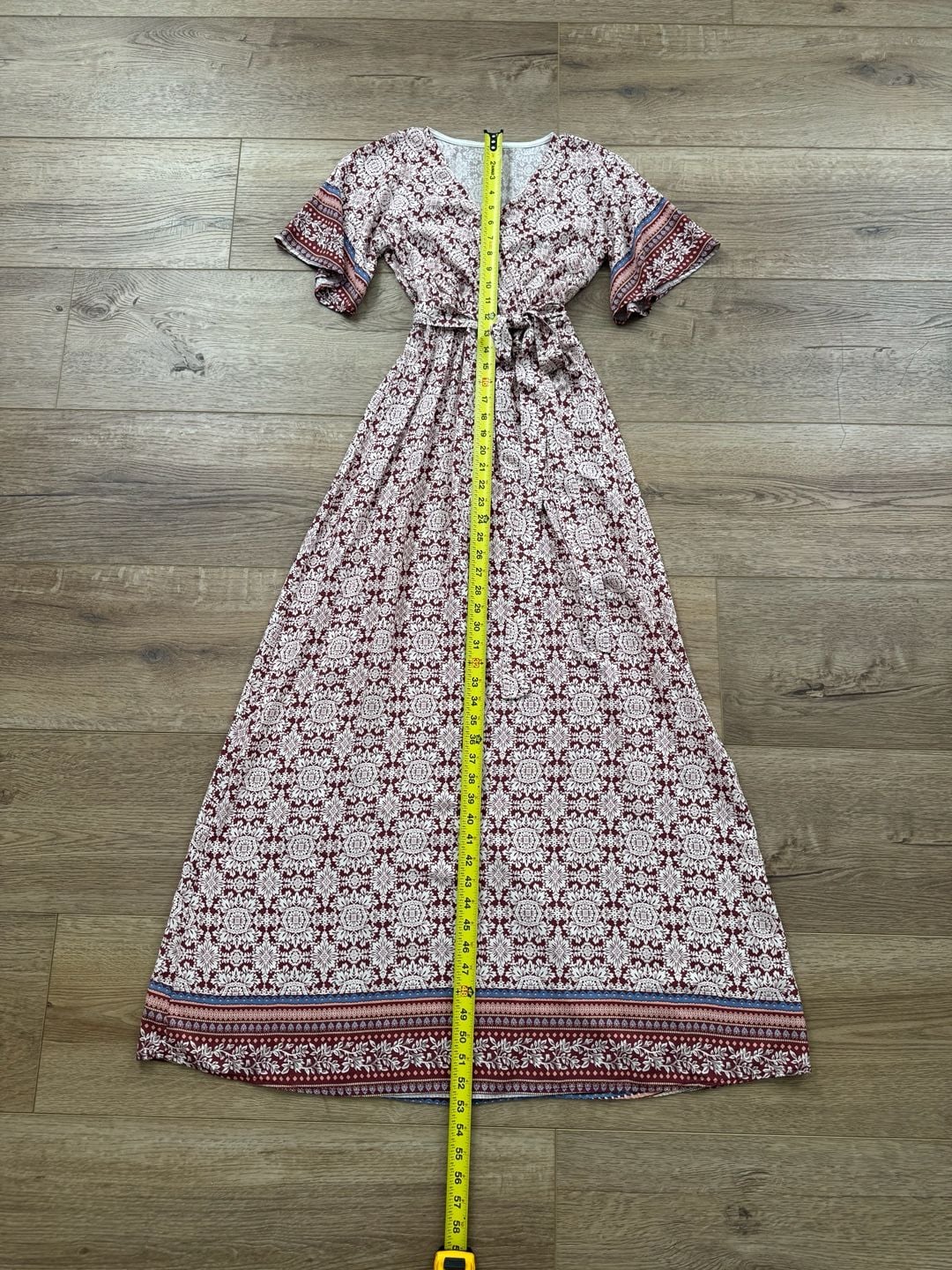 Flamingo Women’s Boho Wrap Maxi Dress Burgundy Floral V-Neck Tie Waist S 8