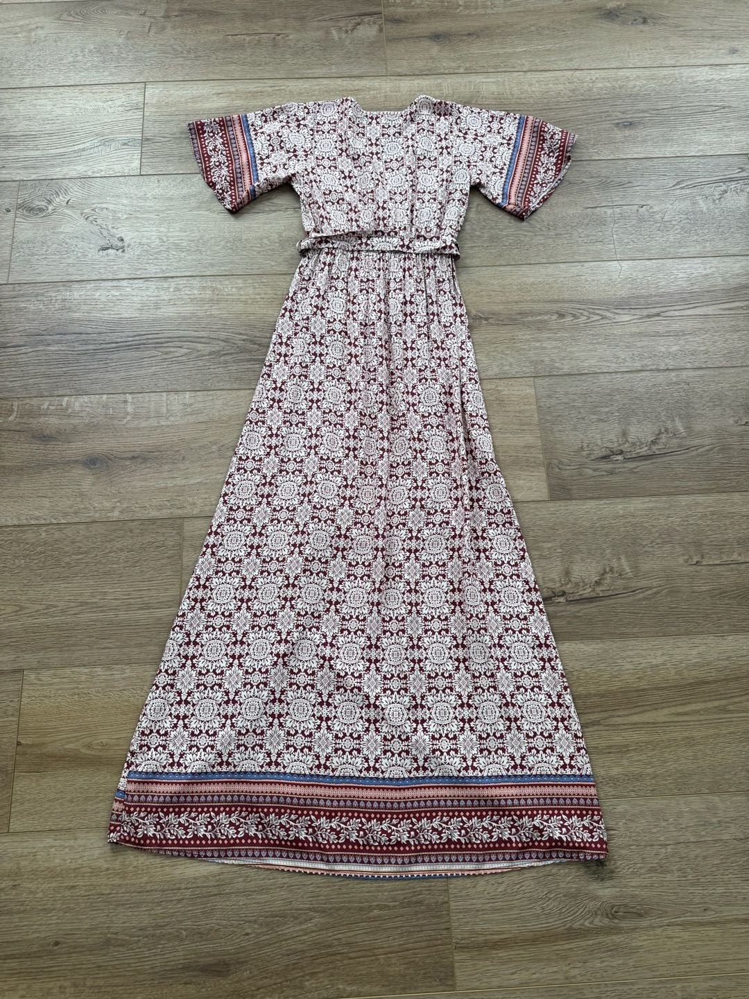 Flamingo Women’s Boho Wrap Maxi Dress Burgundy Floral V-Neck Tie Waist S 13