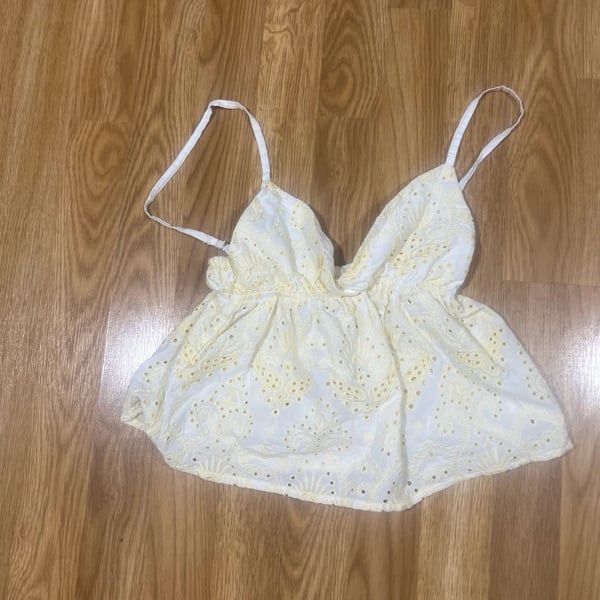 Subdued White and Yellow Broderie Anglaise Ruffle Hem Camisole Top