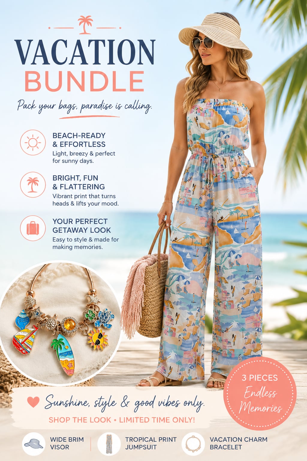 3-Piece Bundle: Tropical Sailboat Romper XS, Straw Hat, & Charm Bracelet 1