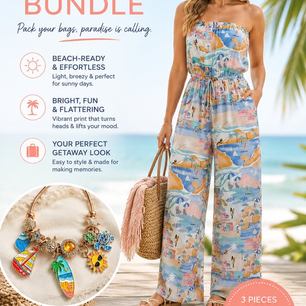 3-Piece Bundle: Tropical Sailboat Romper XS, Straw Hat, & Charm Bracelet