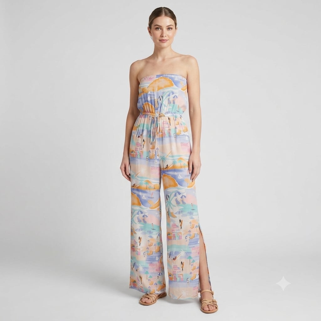 3-Piece Bundle: Tropical Sailboat Romper XS, Straw Hat, & Charm Bracelet 3