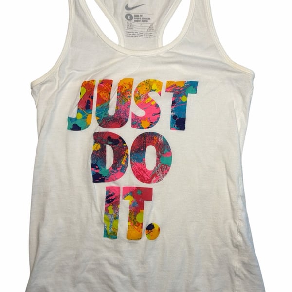 Nike Slim Fit Racerback Tank Top White with Colorful Paint Splatter Just Do It Logo