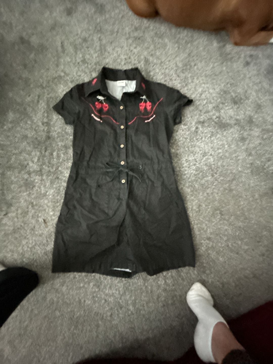 Boozelele Black Western-Style Button-Down Shirt Dress with Skull Cherry Embroidery 1