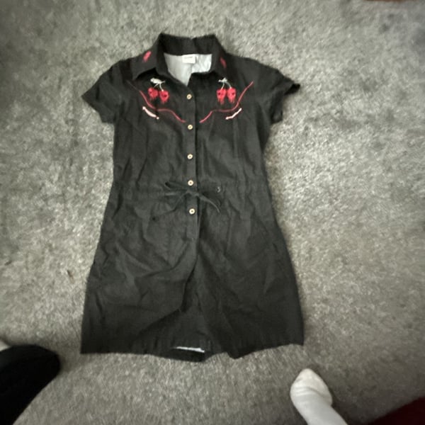 Boozelele Black Western-Style Button-Down Shirt Dress with Skull Cherry Embroidery