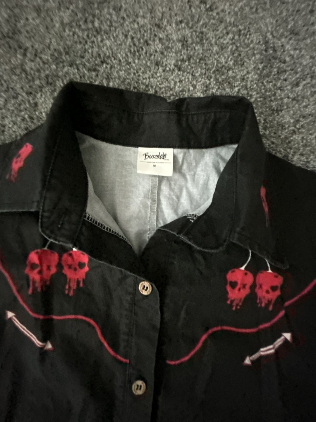 Boozelele Black Western-Style Button-Down Shirt Dress with Skull Cherry Embroidery 2
