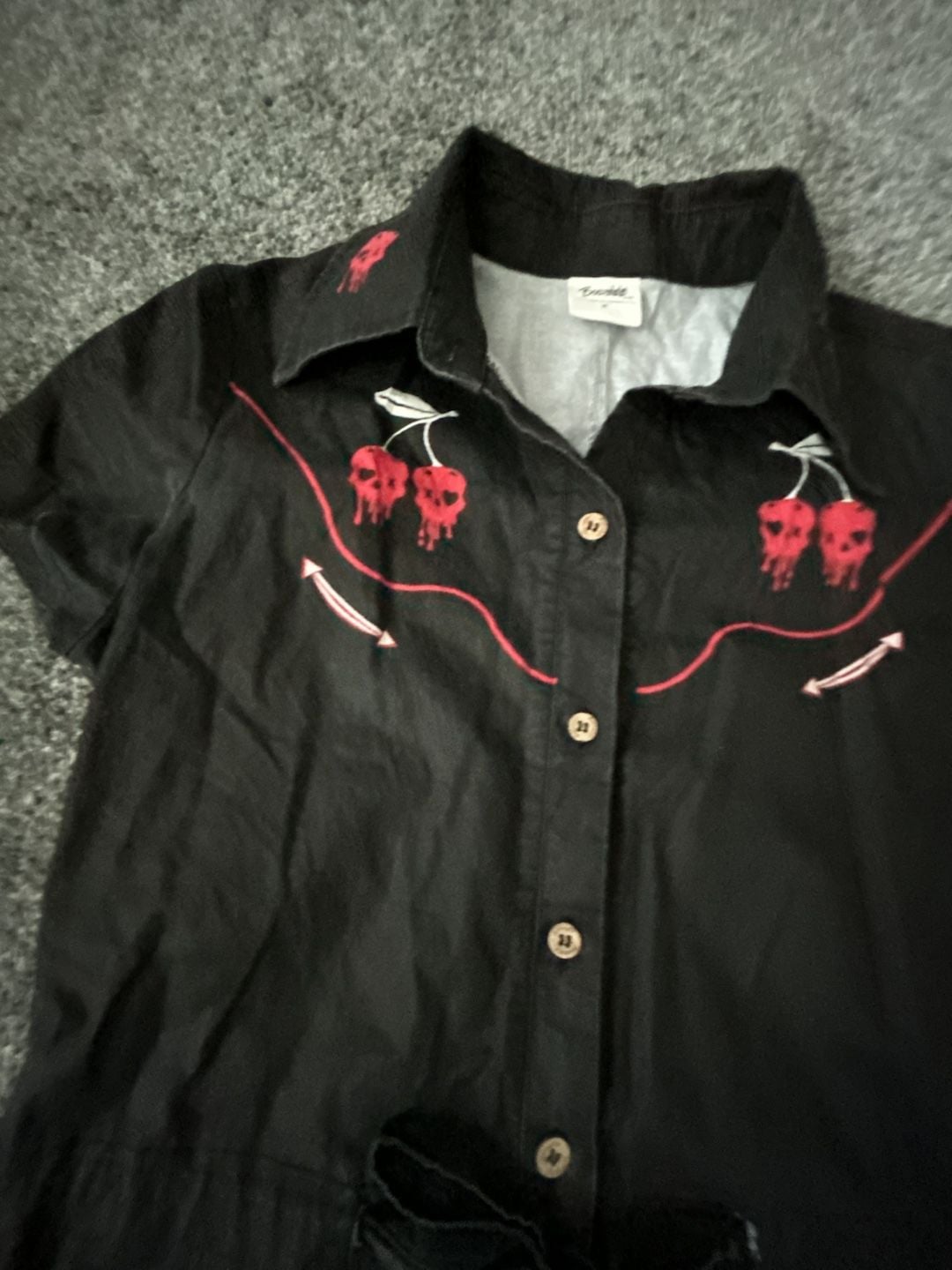 Boozelele Black Western-Style Button-Down Shirt Dress with Skull Cherry Embroidery 3