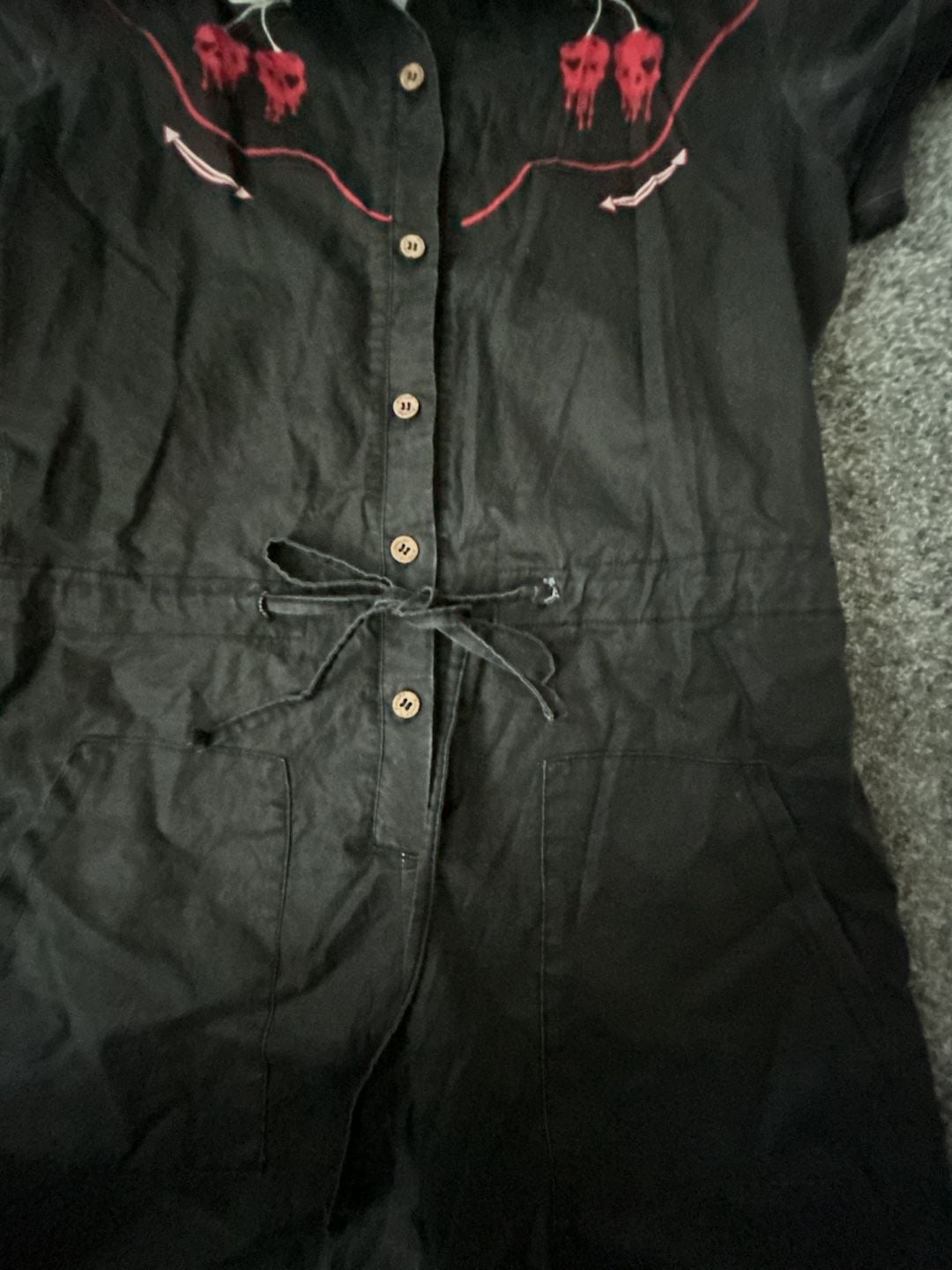 Boozelele Black Western-Style Button-Down Shirt Dress with Skull Cherry Embroidery 4