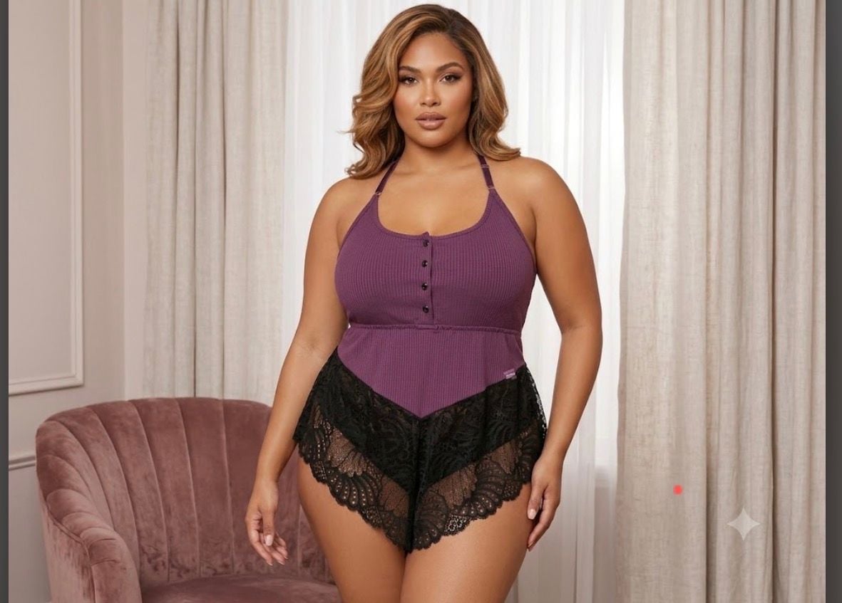 Oh Là Là Chéri Plus Size Ribbed Knit Romper with Lace Trim 1