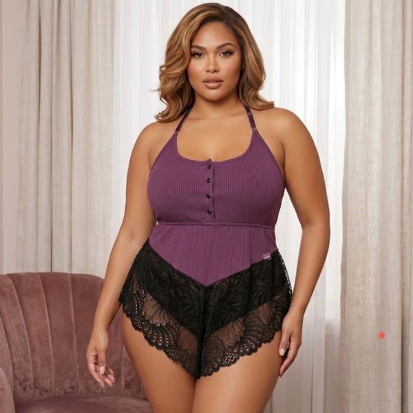 Oh Là Là Chéri Plus Size Ribbed Knit Romper with Lace Trim
