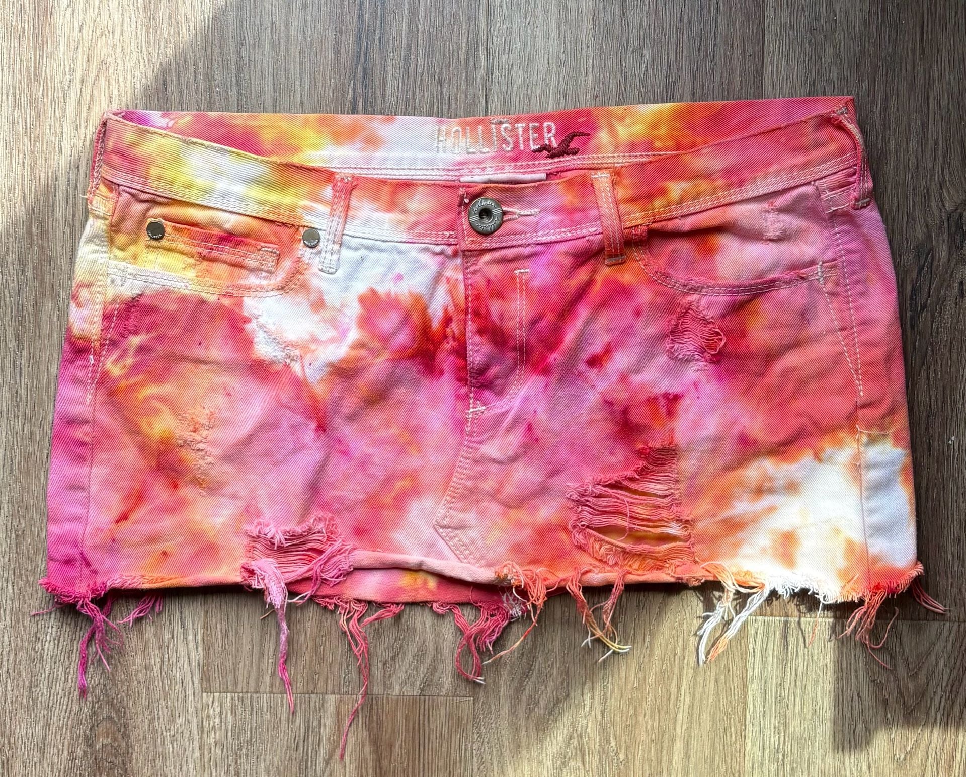 Hollister 1922 Pink and Yellow Tie-Dye Distressed Denim Mini Skirt 2