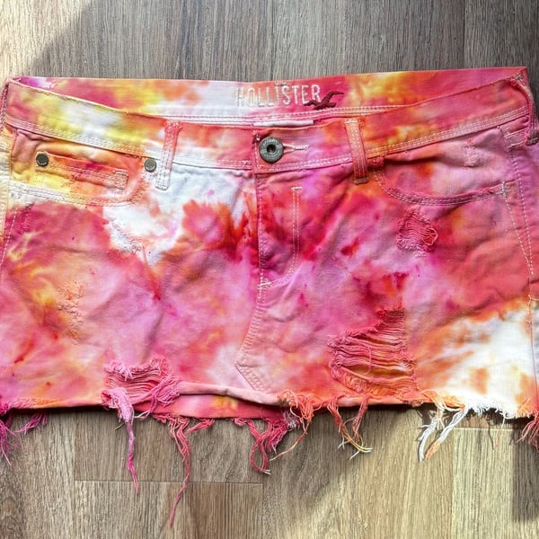 Hollister 1922 Pink and Yellow Tie-Dye Distressed Denim Mini Skirt