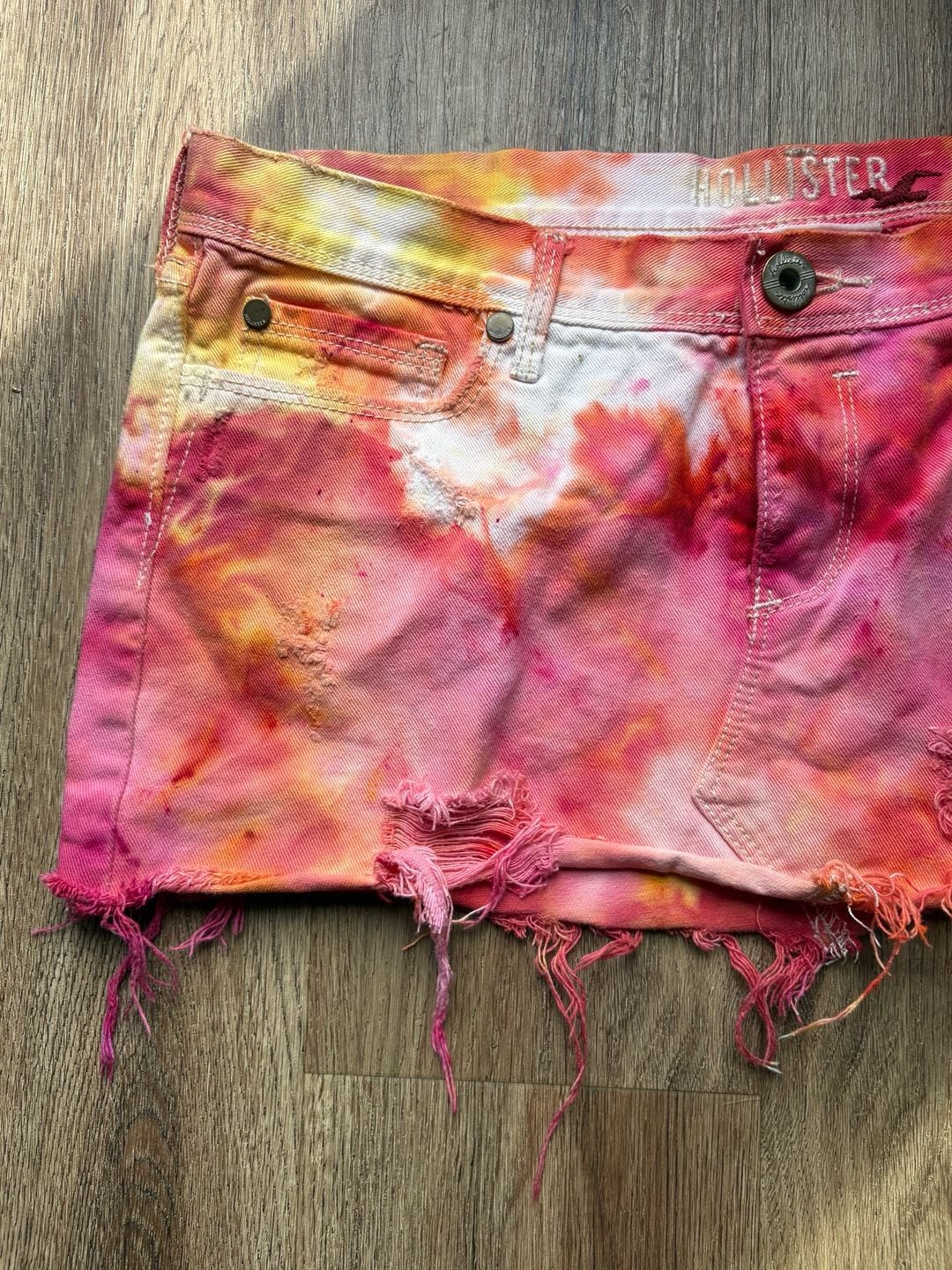 Hollister 1922 Pink and Yellow Tie-Dye Distressed Denim Mini Skirt 3