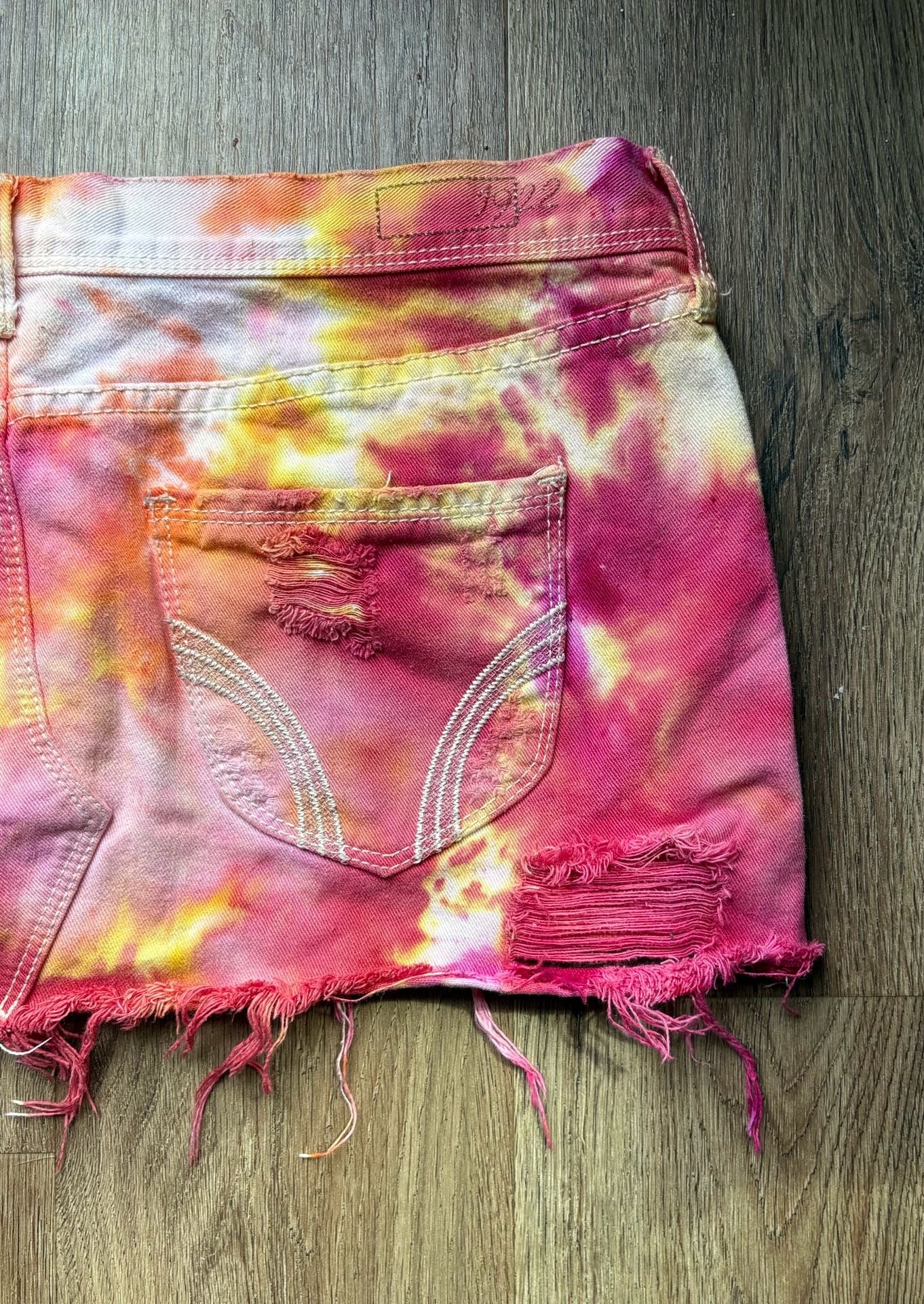 Hollister 1922 Pink and Yellow Tie-Dye Distressed Denim Mini Skirt 4