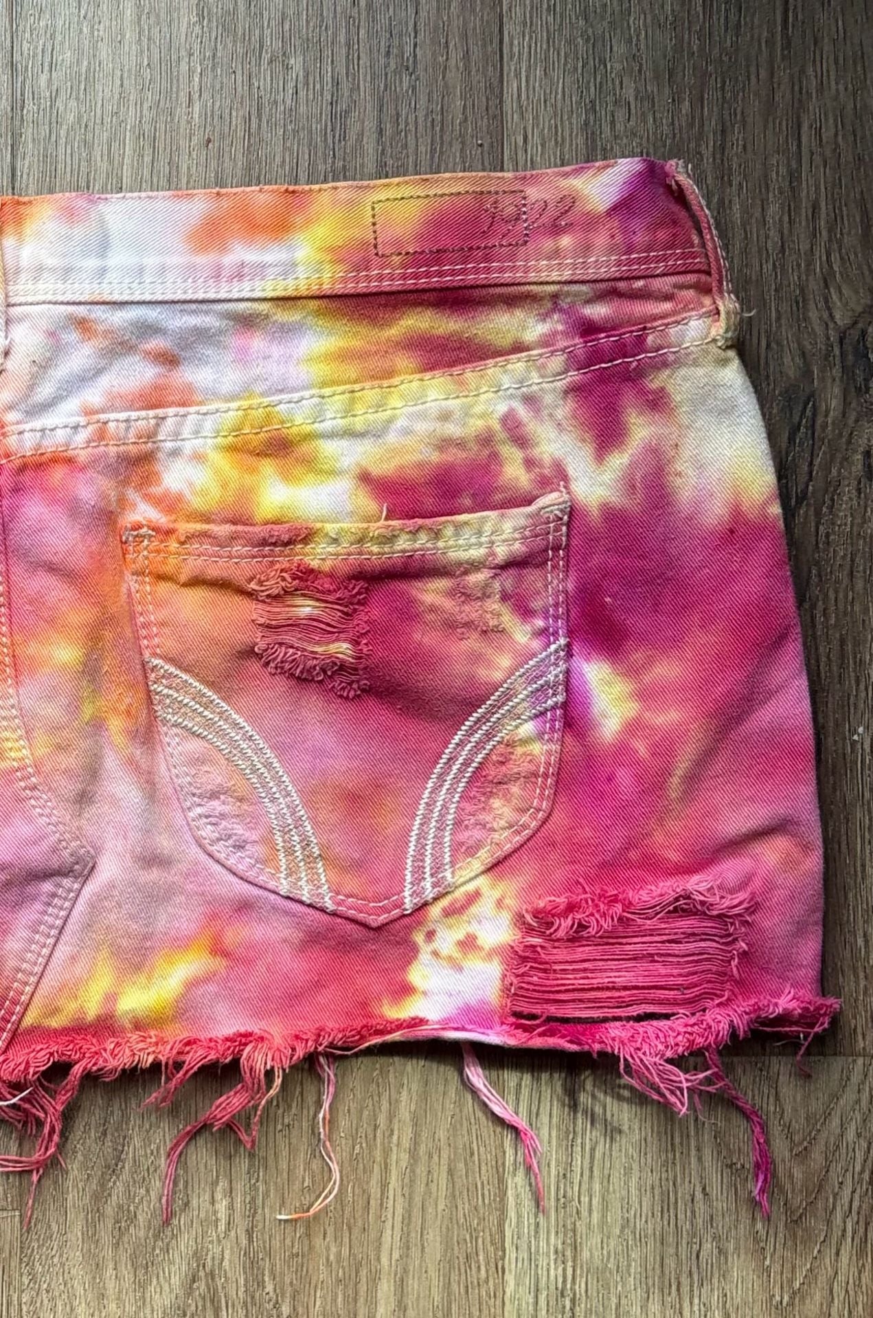 Hollister 1922 Pink and Yellow Tie-Dye Distressed Denim Mini Skirt 6