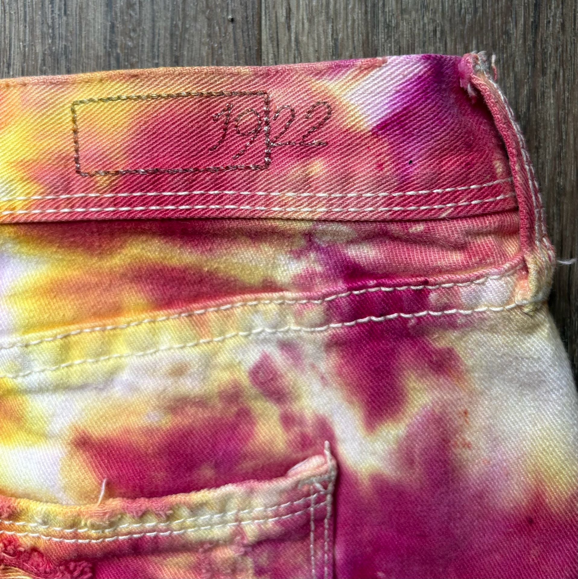 Hollister 1922 Pink and Yellow Tie-Dye Distressed Denim Mini Skirt 7