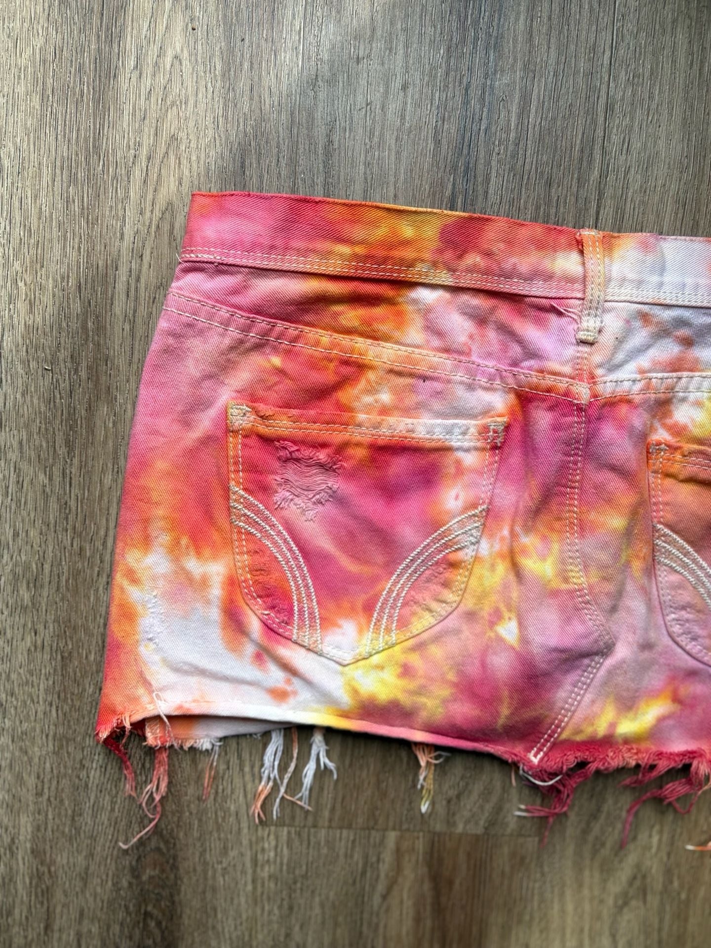Hollister 1922 Pink and Yellow Tie-Dye Distressed Denim Mini Skirt 8