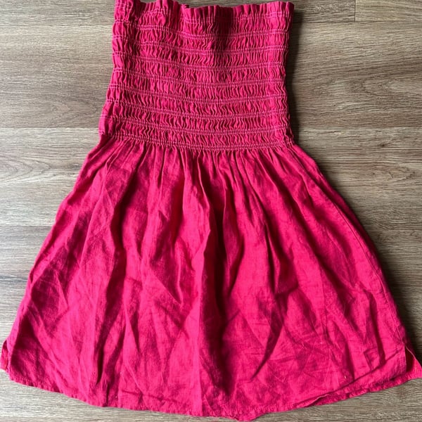 Frenz 100% Handkerchief Linen Smocked Tube Mini Dress, Fuchsia, Size M