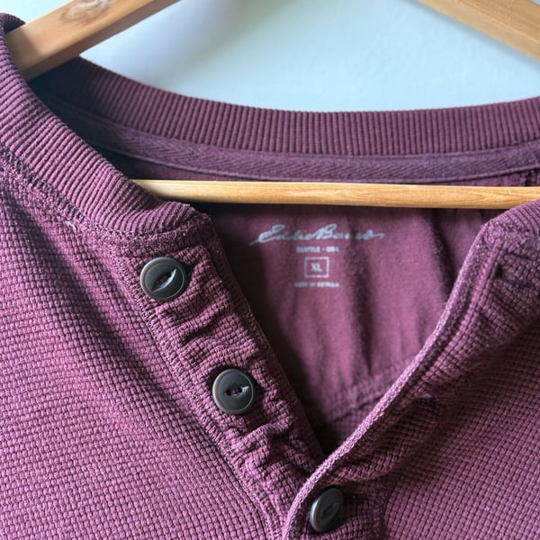 Eddie Bauer Men's Burgundy Waffle Knit Long Sleeve Thermal Henley
