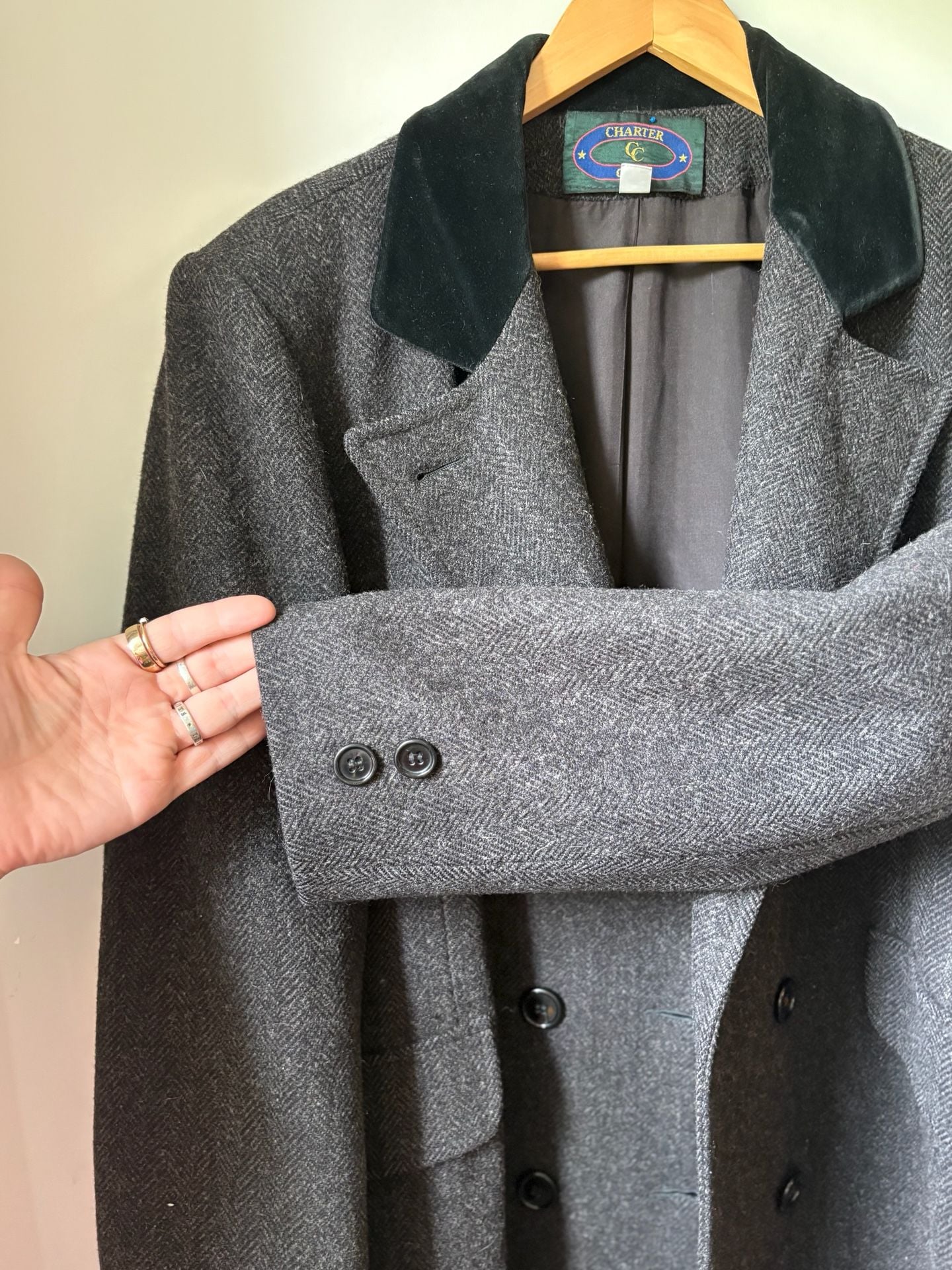 Charter Club Vintage 100% Pure Wool Double-Breasted Long Coat with Velvet Collar 11