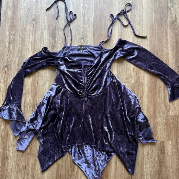 Current Mood Purple Velvet Off-The-Shoulder Handkerchief Mini Dress