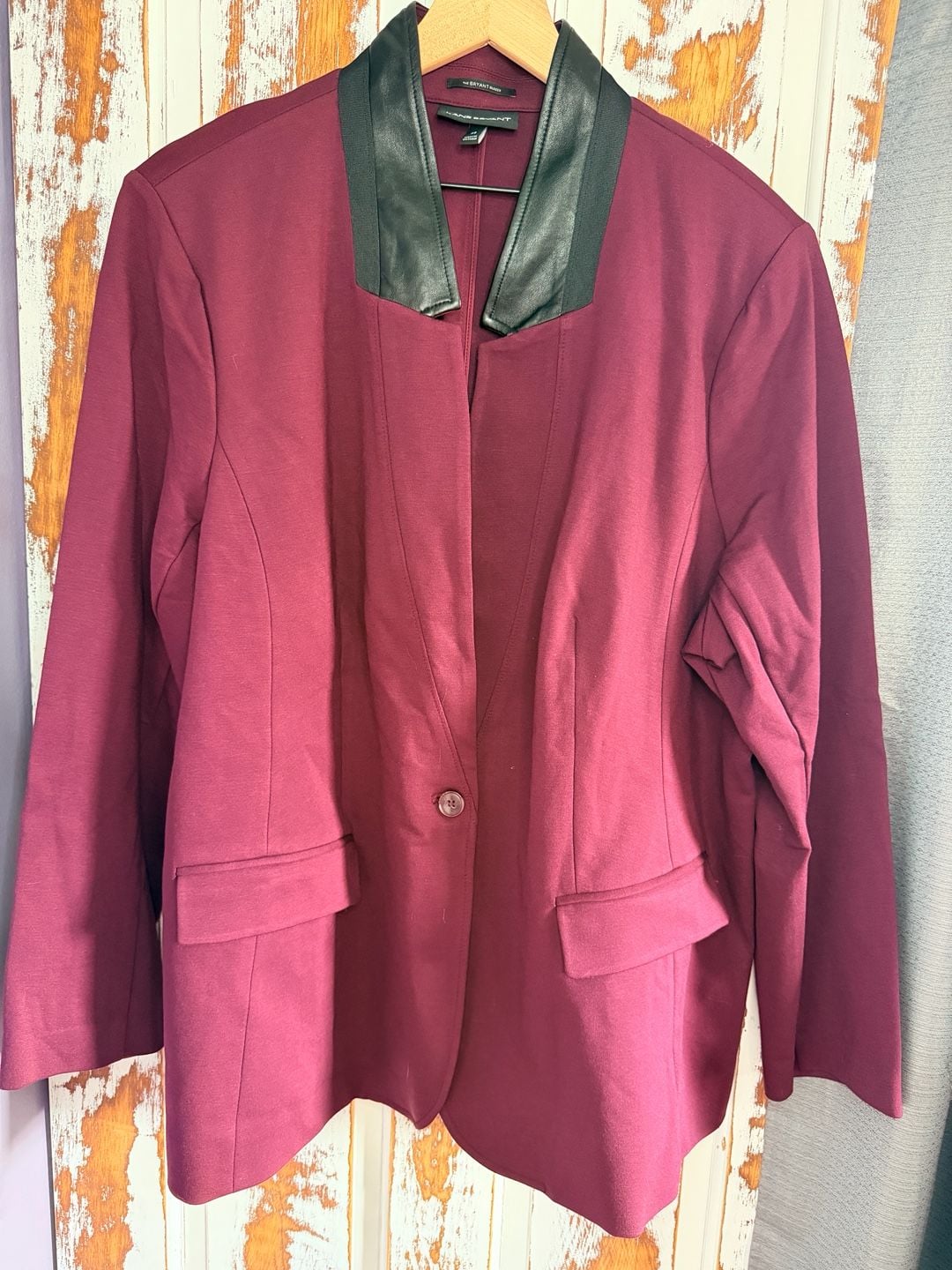 Lane Bryant The Bryant Blazer Size 28 Burgundy Faux Black Leather Trim Workwear 2