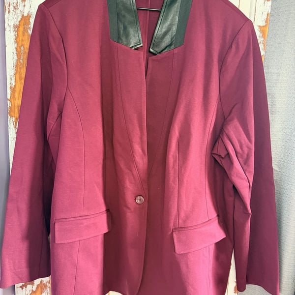 Lane Bryant The Bryant Blazer Size 28 Burgundy Faux Black Leather Trim Workwear