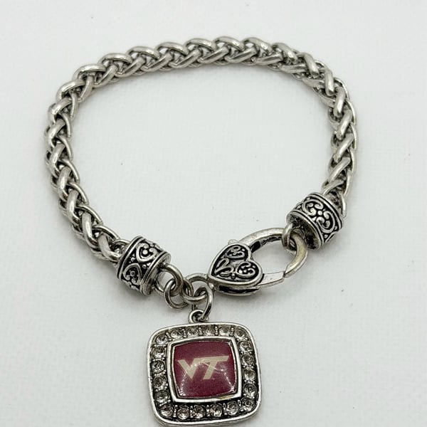 Virginia Tech Hokies VT Logo Square Charm Braided Silver Tone Bracelet