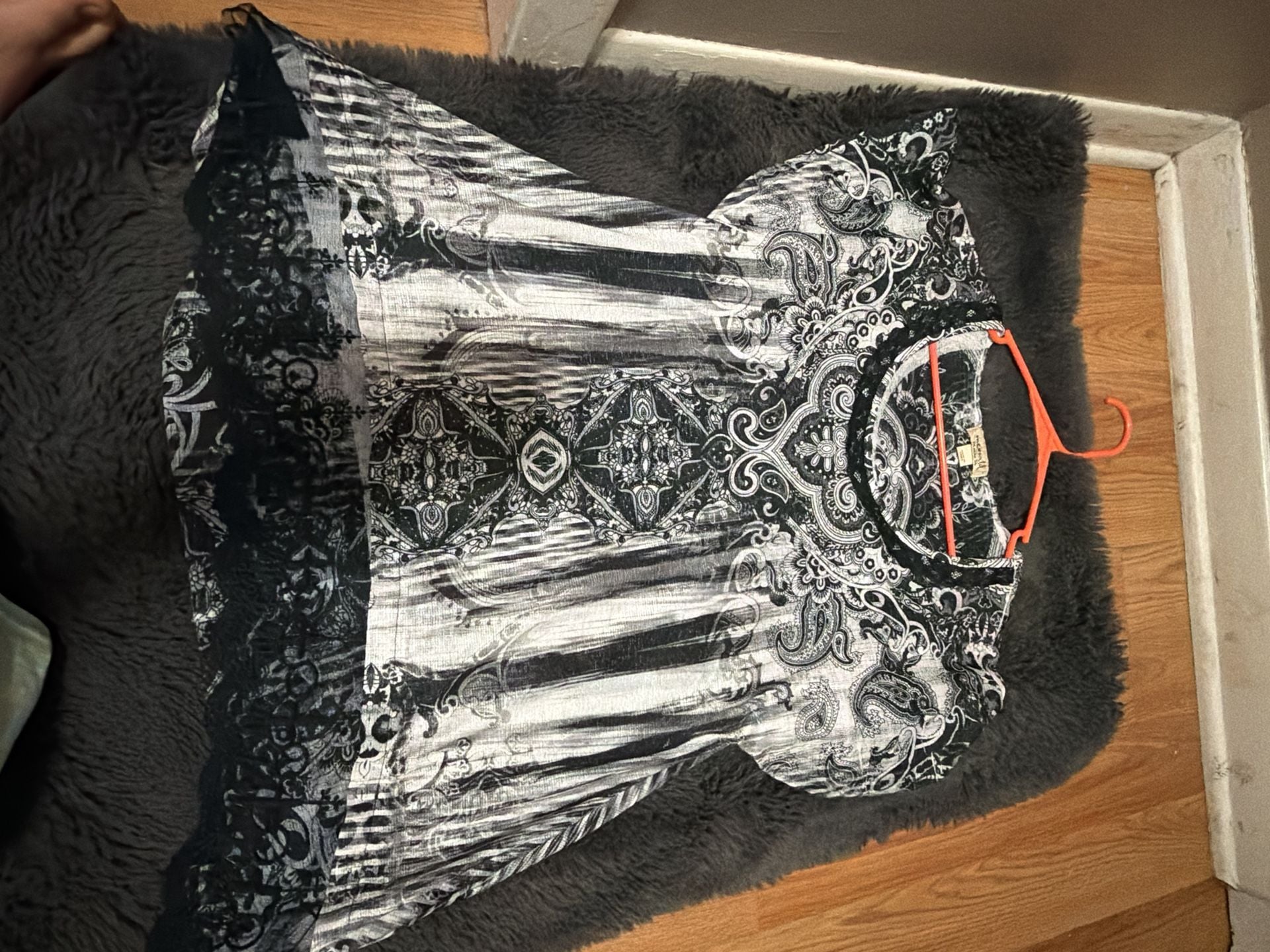 One World Live and Let Live Black and White Paisley Print Boho Blouse with Lace Trim 1