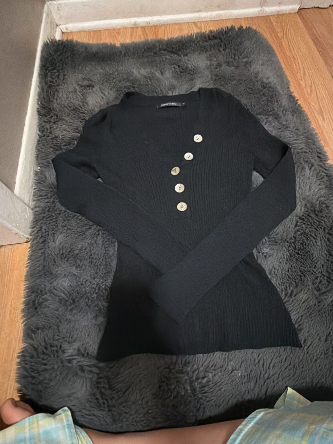 Nobody Denim Black Ribbed Knit Long Sleeve Button-Down Top 2